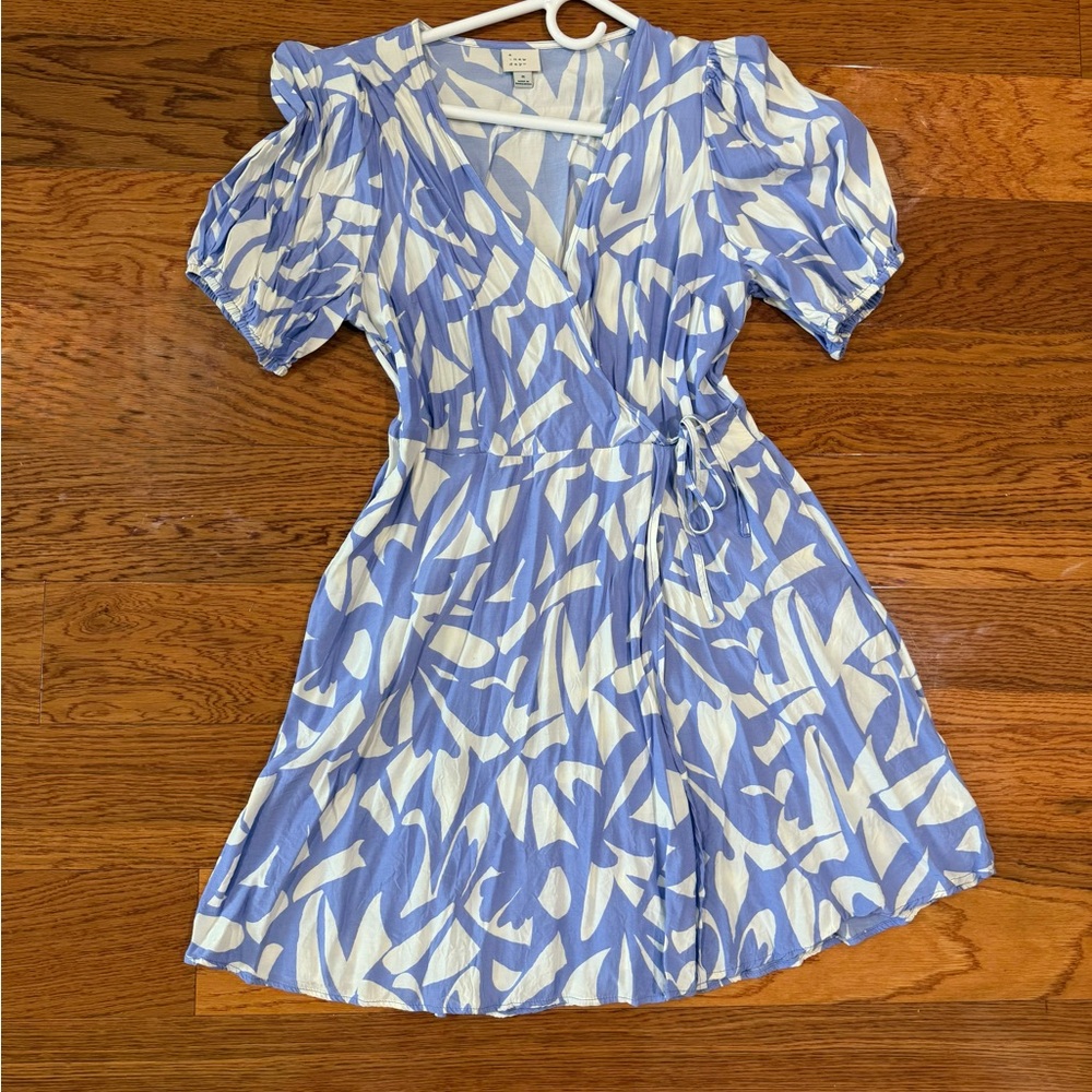 A New Day Purple and White Puff Sleeve Wrap Sundress